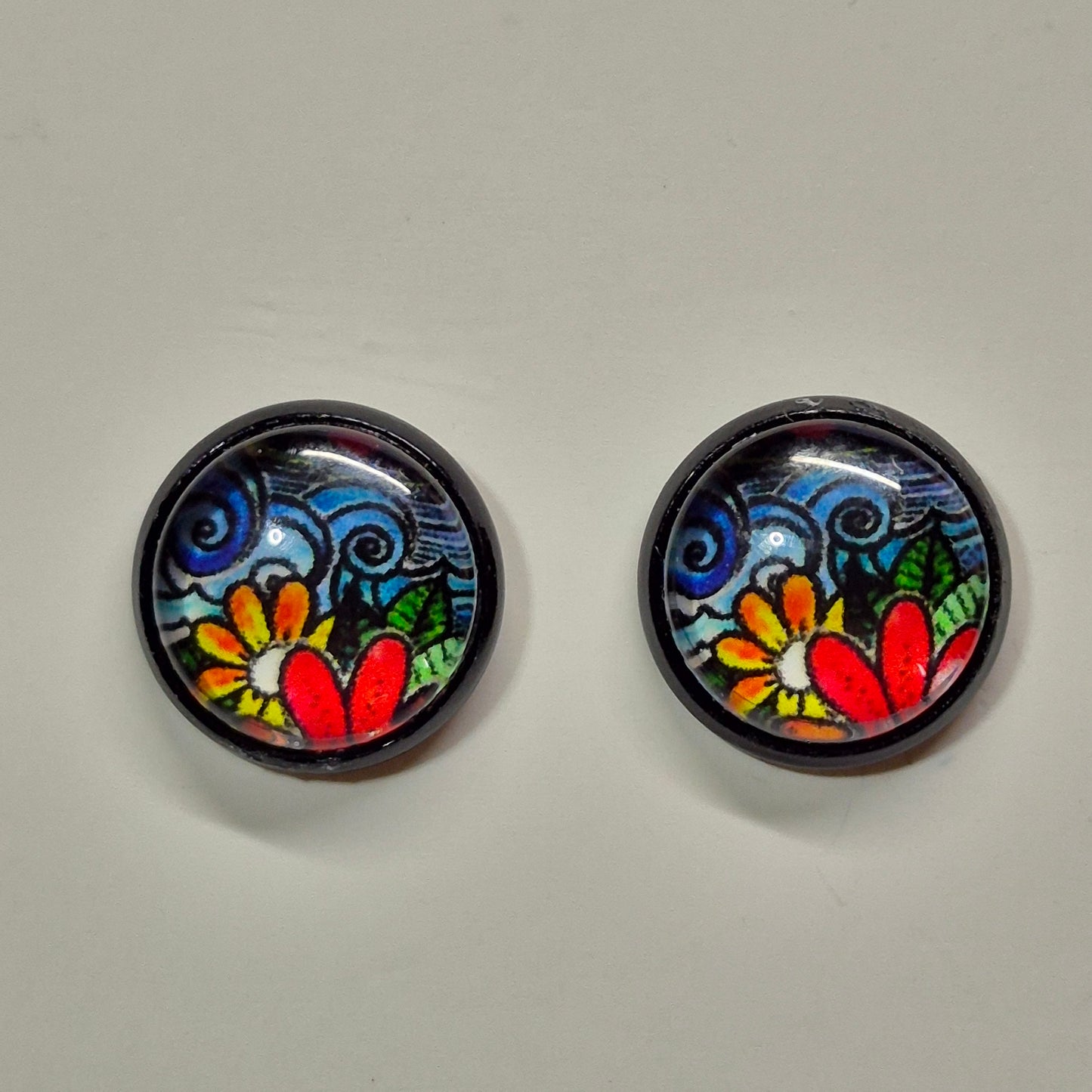 Mosaic Garden Glass Cabochon Stud Earrings | 12mm Round Black Bezel Colorful Studs | Wearable Art Jewelry