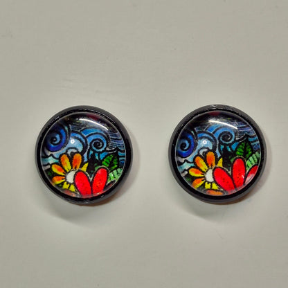 Mosaic Garden Glass Cabochon Stud Earrings | 12mm Round Black Bezel Colorful Studs | Wearable Art Jewelry