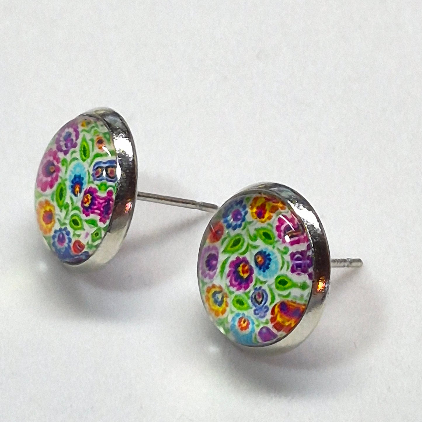 Folk Art Floral Glass Cabochon Stud Earrings | 12mm Round Silver Bezel Colorful Studs | Boho Jewelry
