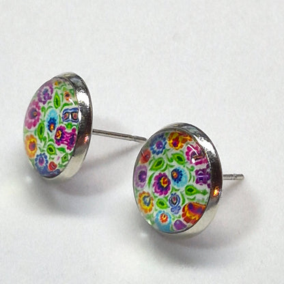 Folk Art Floral Glass Cabochon Stud Earrings | 12mm Round Silver Bezel Colorful Studs | Boho Jewelry