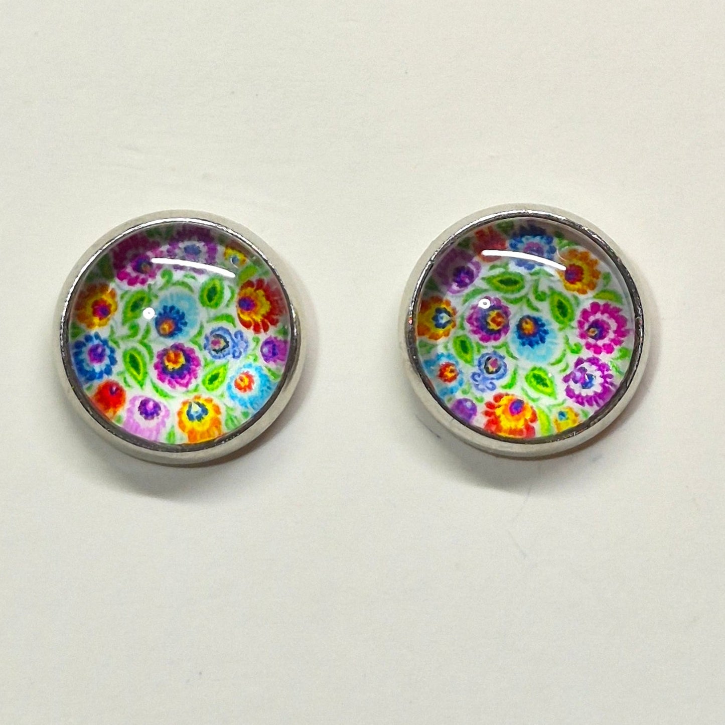 Folk Art Floral Glass Cabochon Stud Earrings | 12mm Round Silver Bezel Colorful Studs | Boho Jewelry