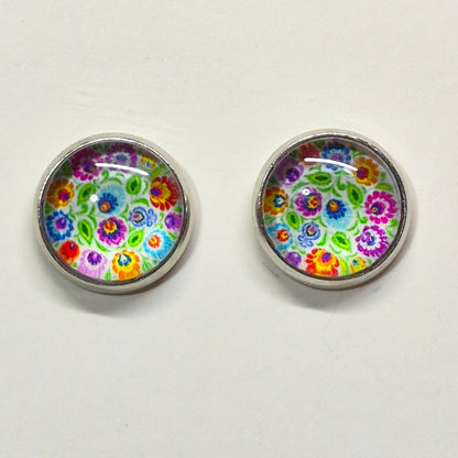 Folk Art Floral Glass Cabochon Stud Earrings | 12mm Round Silver Bezel Colorful Studs | Boho Jewelry