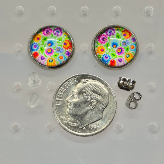 Folk Art Floral Glass Cabochon Stud Earrings | 12mm Round Silver Bezel Colorful Studs | Boho Jewelry