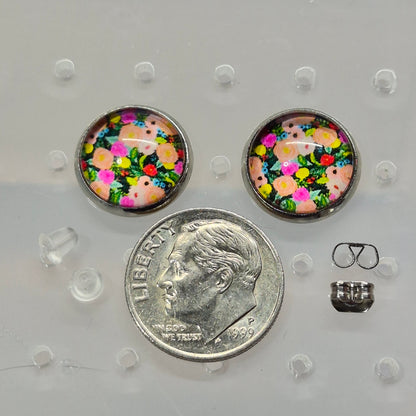 Floral Garden Glass Cabochon Stud Earrings | 12mm Round Silver Bezel Flower Studs | Garden Jewelry