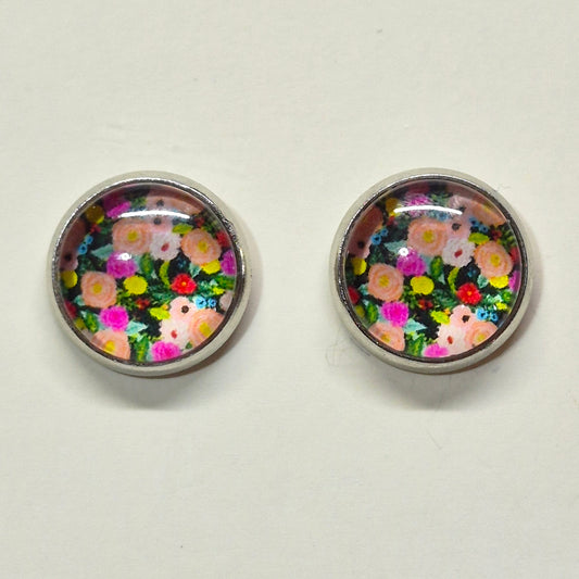 Floral Garden Glass Cabochon Stud Earrings | 12mm Round Silver Bezel Flower Studs | Garden Jewelry