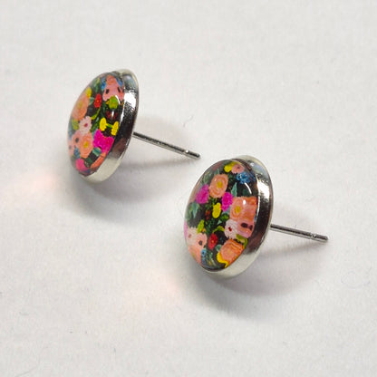 Floral Garden Glass Cabochon Stud Earrings | 12mm Round Silver Bezel Flower Studs | Garden Jewelry