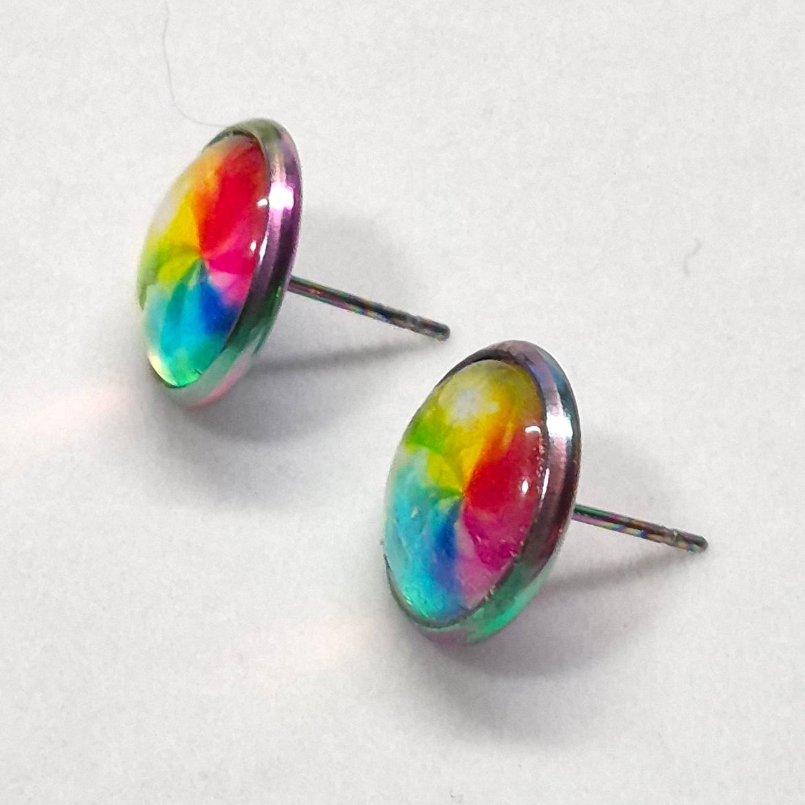 Rainbow Watercolor Glass Cabochon Stud Earrings | 12mm Round Iridescent Bezel Colorful Studs | Artistic Jewelry