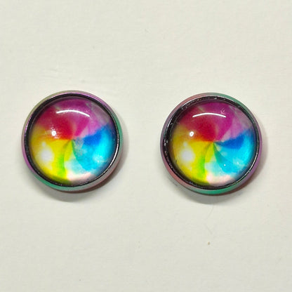 Rainbow Watercolor Glass Cabochon Stud Earrings | 12mm Round Iridescent Bezel Colorful Studs | Artistic Jewelry