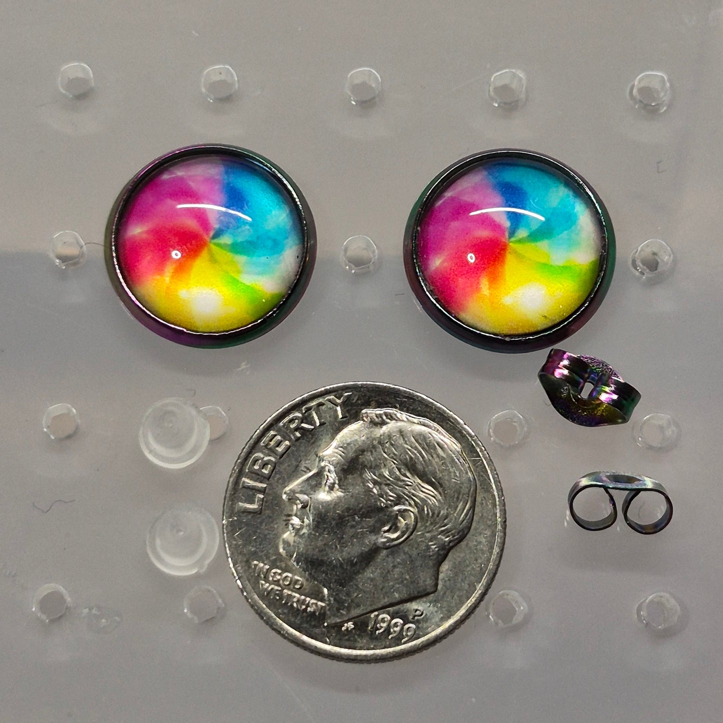 Rainbow Watercolor Glass Cabochon Stud Earrings | 12mm Round Iridescent Bezel Colorful Studs | Artistic Jewelry