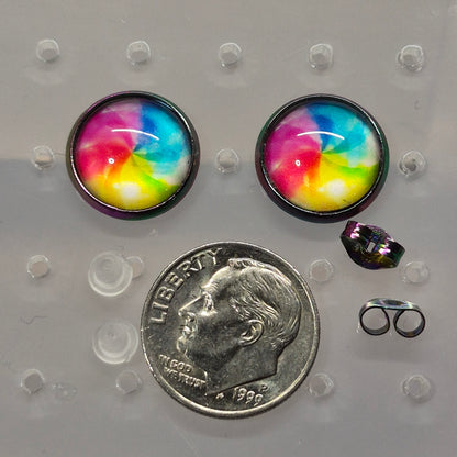 Rainbow Watercolor Glass Cabochon Stud Earrings | 12mm Round Iridescent Bezel Colorful Studs | Artistic Jewelry