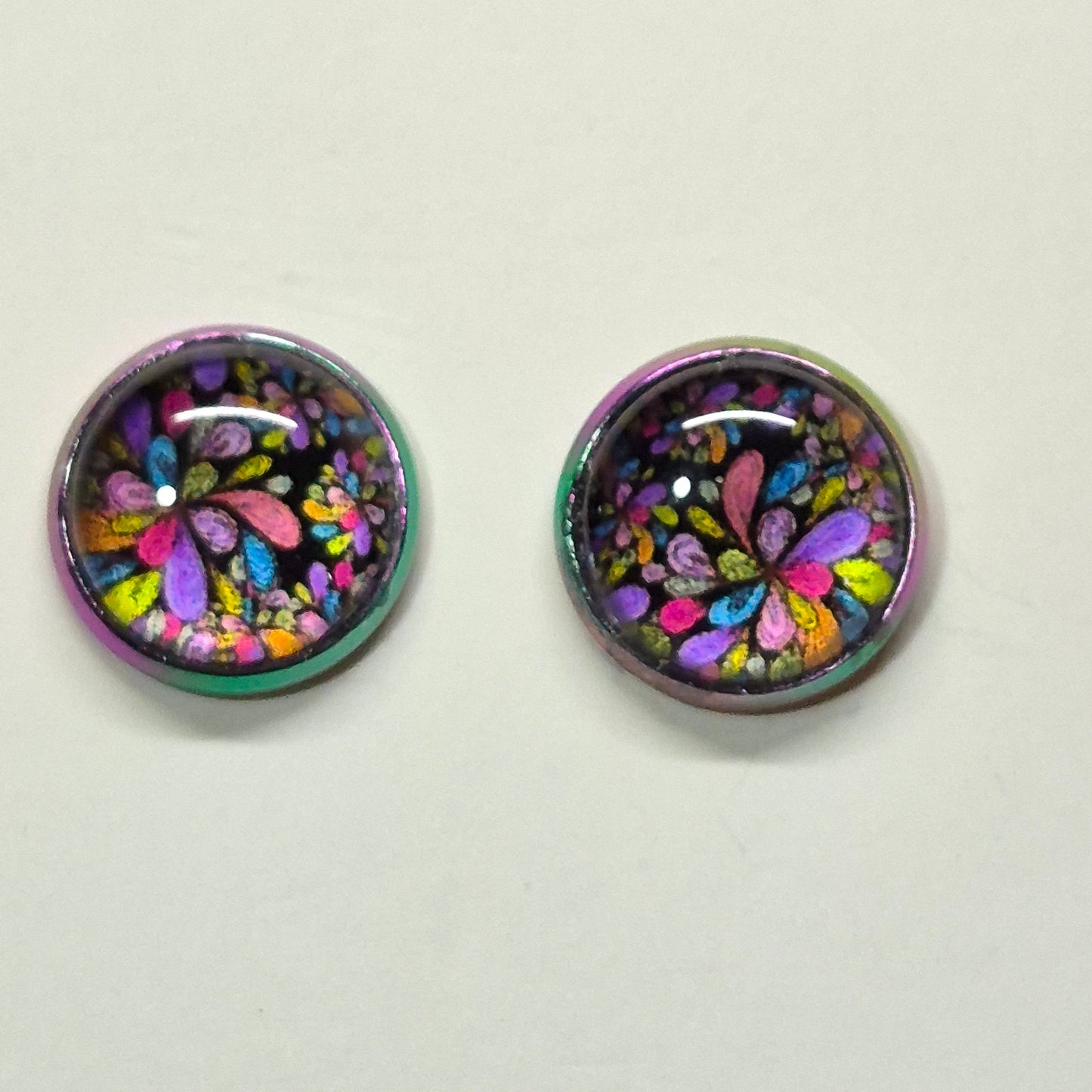 Mosaic Flower Glass Cabochon Stud Earrings | 12mm Round Iridescent Bezel Stained Glass Studs | Floral Jewelry