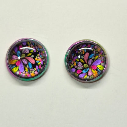 Mosaic Flower Glass Cabochon Stud Earrings | 12mm Round Iridescent Bezel Stained Glass Studs | Floral Jewelry
