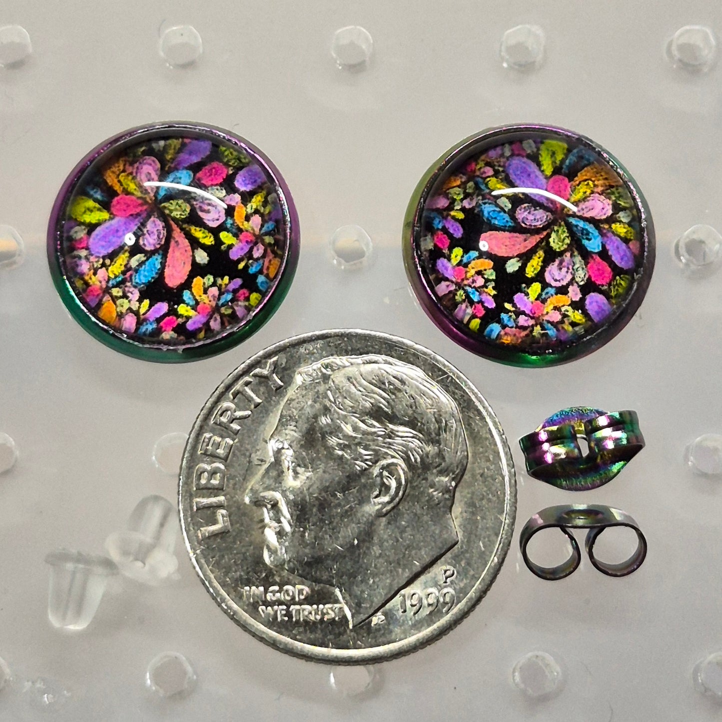 Mosaic Flower Glass Cabochon Stud Earrings | 12mm Round Iridescent Bezel Stained Glass Studs | Floral Jewelry