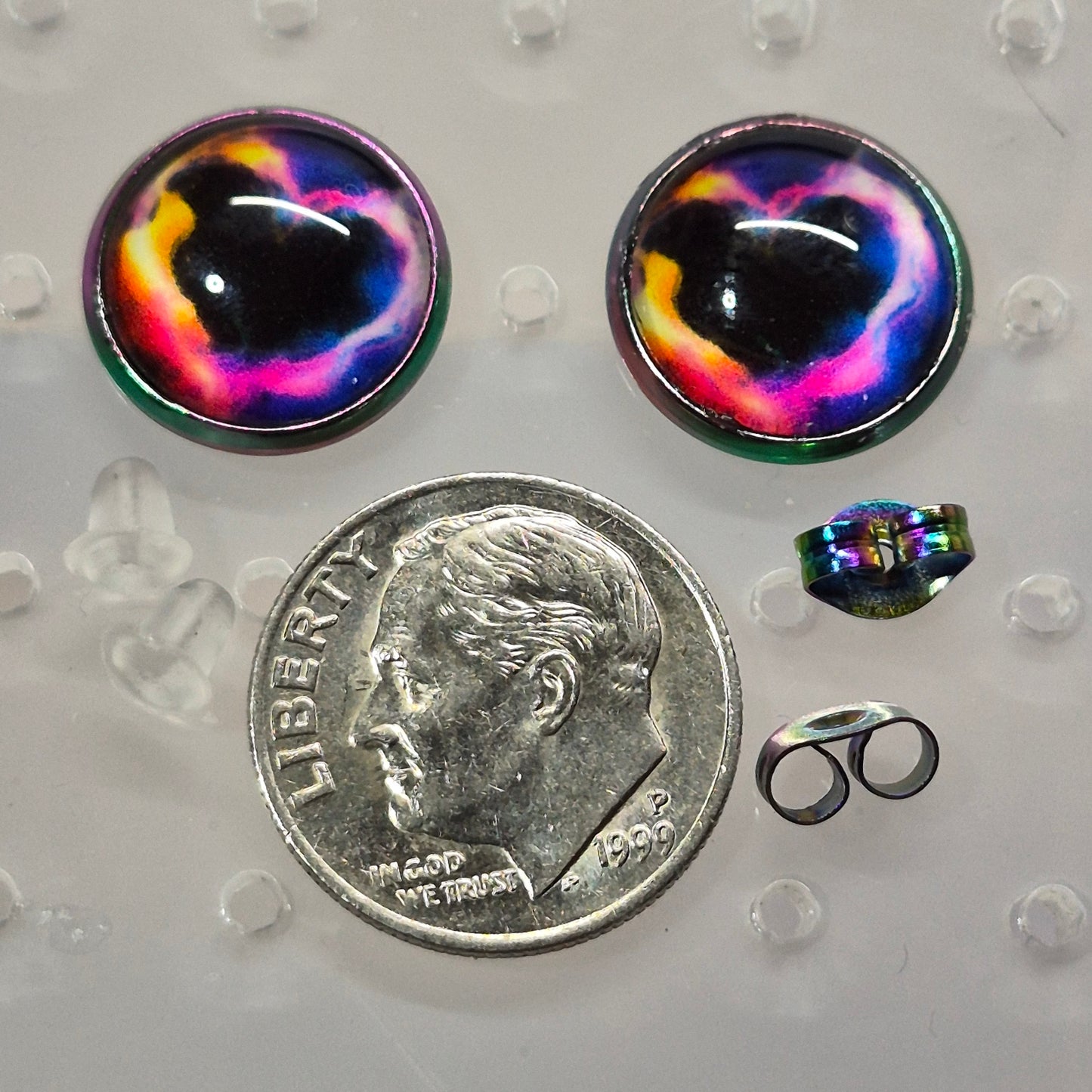 Black Hole Galaxy Glass Cabochon Stud Earrings | 12mm Round Iridescent Bezel Cosmic Studs | Space Jewelry