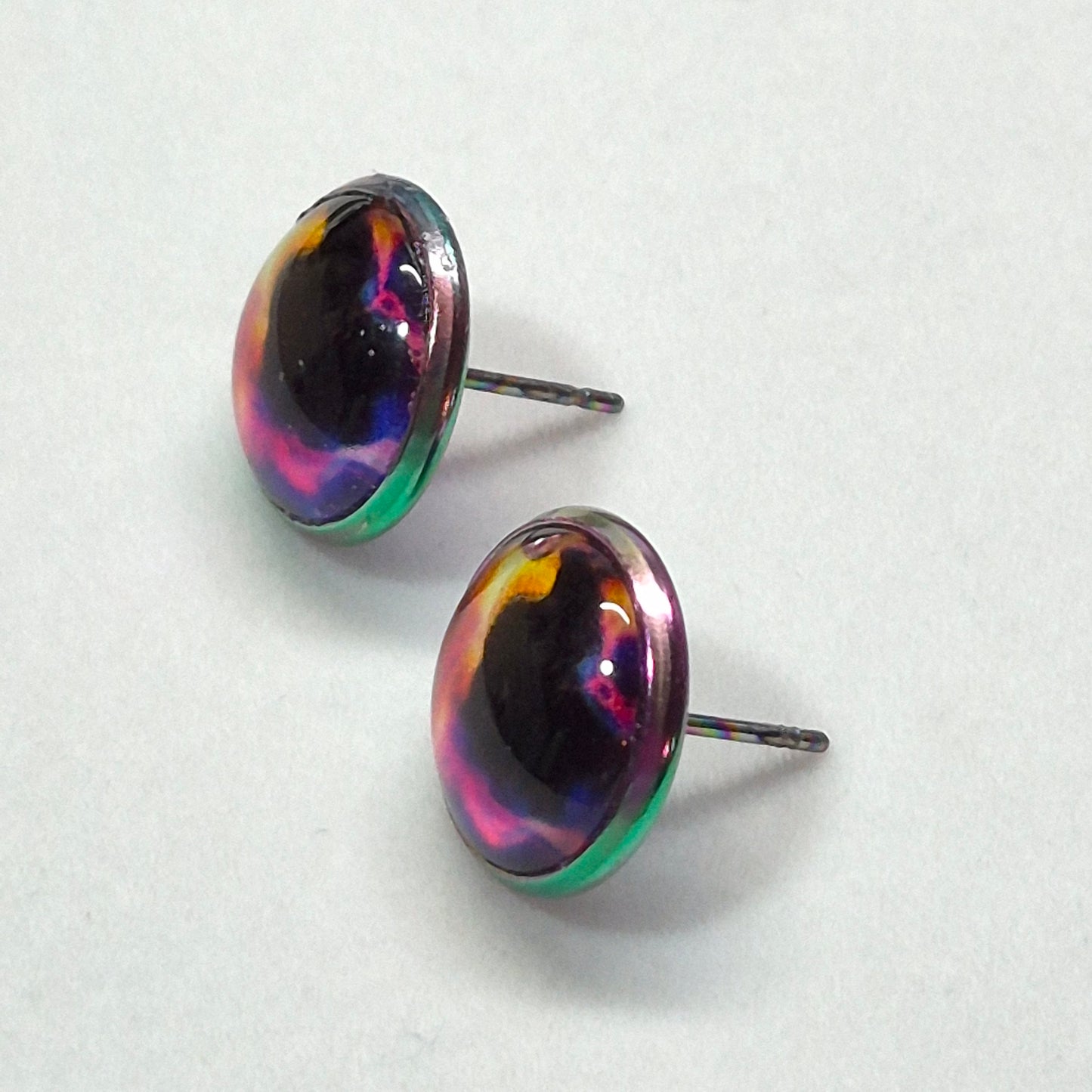 Black Hole Galaxy Glass Cabochon Stud Earrings | 12mm Round Iridescent Bezel Cosmic Studs | Space Jewelry