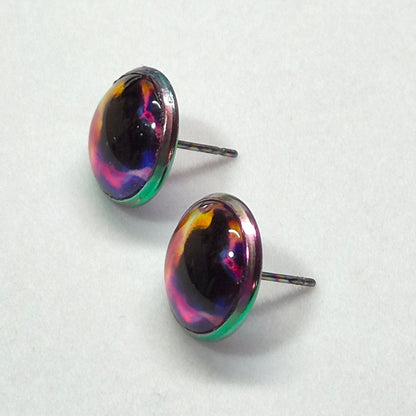 Black Hole Galaxy Glass Cabochon Stud Earrings | 12mm Round Iridescent Bezel Cosmic Studs | Space Jewelry