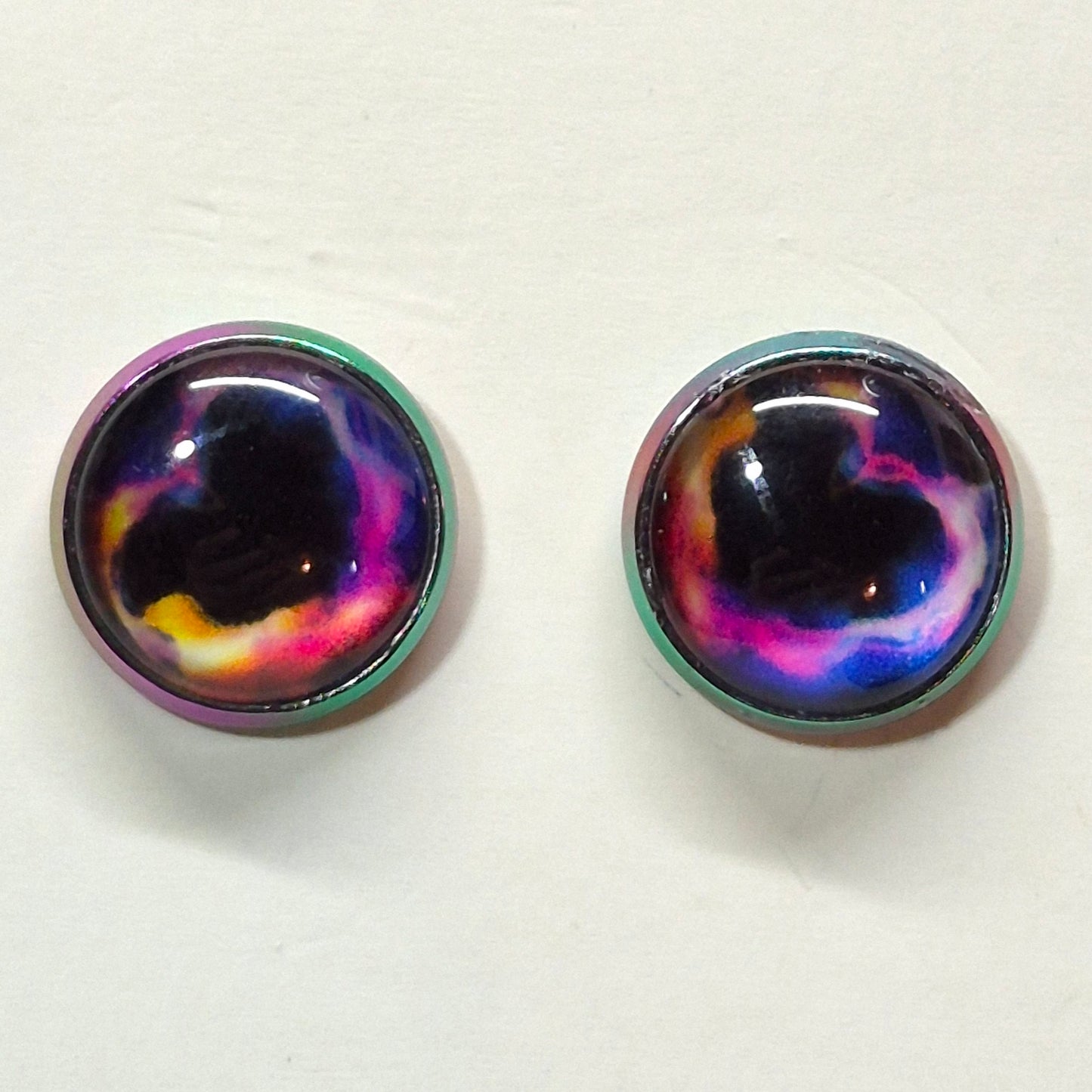 Black Hole Galaxy Glass Cabochon Stud Earrings | 12mm Round Iridescent Bezel Cosmic Studs | Space Jewelry