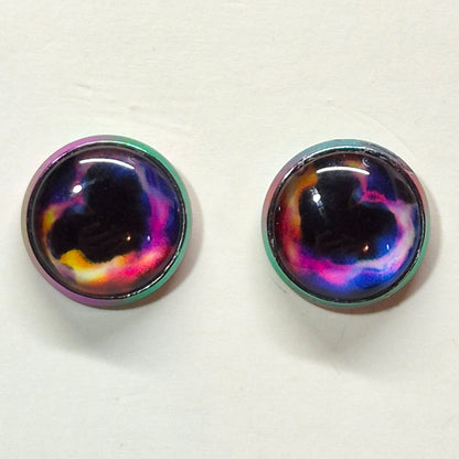 Black Hole Galaxy Glass Cabochon Stud Earrings | 12mm Round Iridescent Bezel Cosmic Studs | Space Jewelry