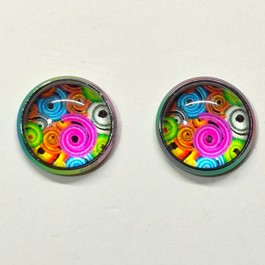 Abstract Swirl Glass Cabochon Stud Earrings | 12mm Round Iridescent Bezel Colorful Studs | Artistic Jewelry