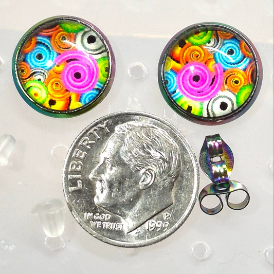 Abstract Swirl Glass Cabochon Stud Earrings | 12mm Round Iridescent Bezel Colorful Studs | Artistic Jewelry
