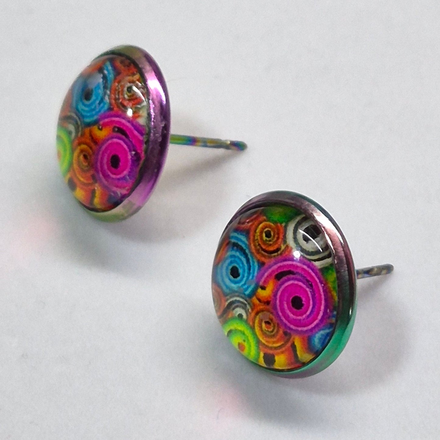 Abstract Swirl Glass Cabochon Stud Earrings | 12mm Round Iridescent Bezel Colorful Studs | Artistic Jewelry