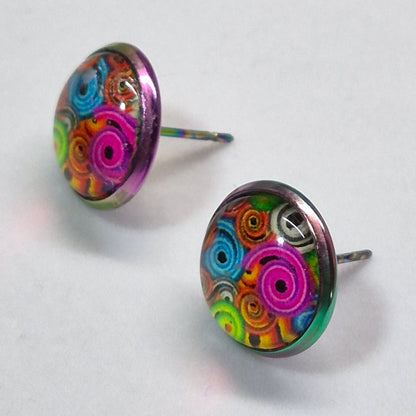 Abstract Swirl Glass Cabochon Stud Earrings | 12mm Round Iridescent Bezel Colorful Studs | Artistic Jewelry