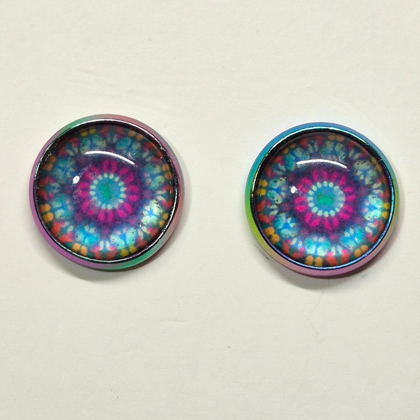 Tie-Dye Mandala Glass Cabochon Stud Earrings | 12mm Round Iridescent Bezel Boho Studs | Psychedelic Jewelry