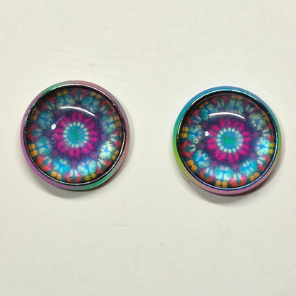 Tie-Dye Mandala Glass Cabochon Stud Earrings | 12mm Round Iridescent Bezel Boho Studs | Psychedelic Jewelry