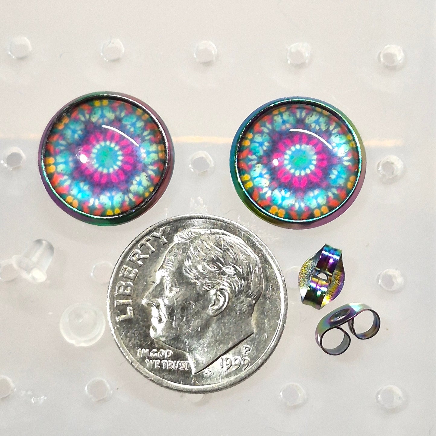Tie-Dye Mandala Glass Cabochon Stud Earrings | 12mm Round Iridescent Bezel Boho Studs | Psychedelic Jewelry
