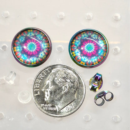 Tie-Dye Mandala Glass Cabochon Stud Earrings | 12mm Round Iridescent Bezel Boho Studs | Psychedelic Jewelry