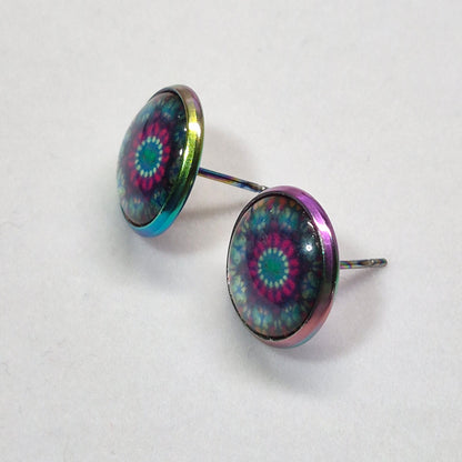 Tie-Dye Mandala Glass Cabochon Stud Earrings | 12mm Round Iridescent Bezel Boho Studs | Psychedelic Jewelry