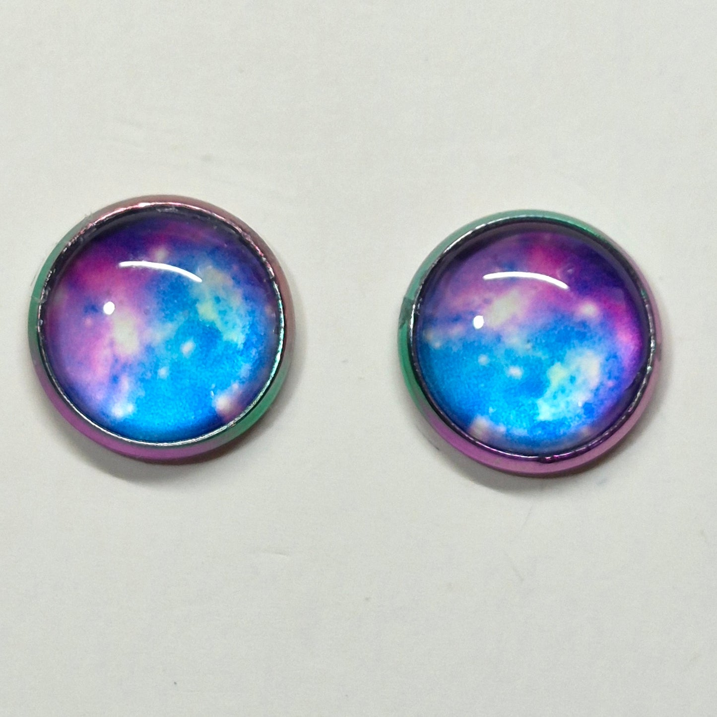 Blue Pink Galaxy Glass Cabochon Stud Earrings | 12mm Round Iridescent Bezel Cosmic Studs | Space Jewelry