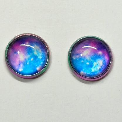 Blue Pink Galaxy Glass Cabochon Stud Earrings | 12mm Round Iridescent Bezel Cosmic Studs | Space Jewelry