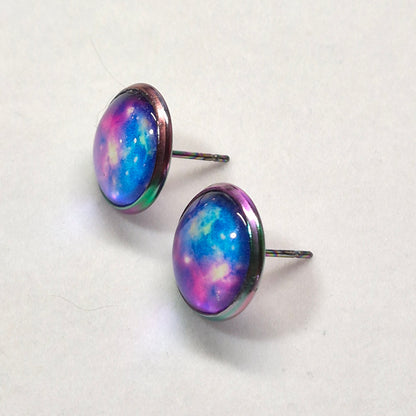 Blue Pink Galaxy Glass Cabochon Stud Earrings | 12mm Round Iridescent Bezel Cosmic Studs | Space Jewelry