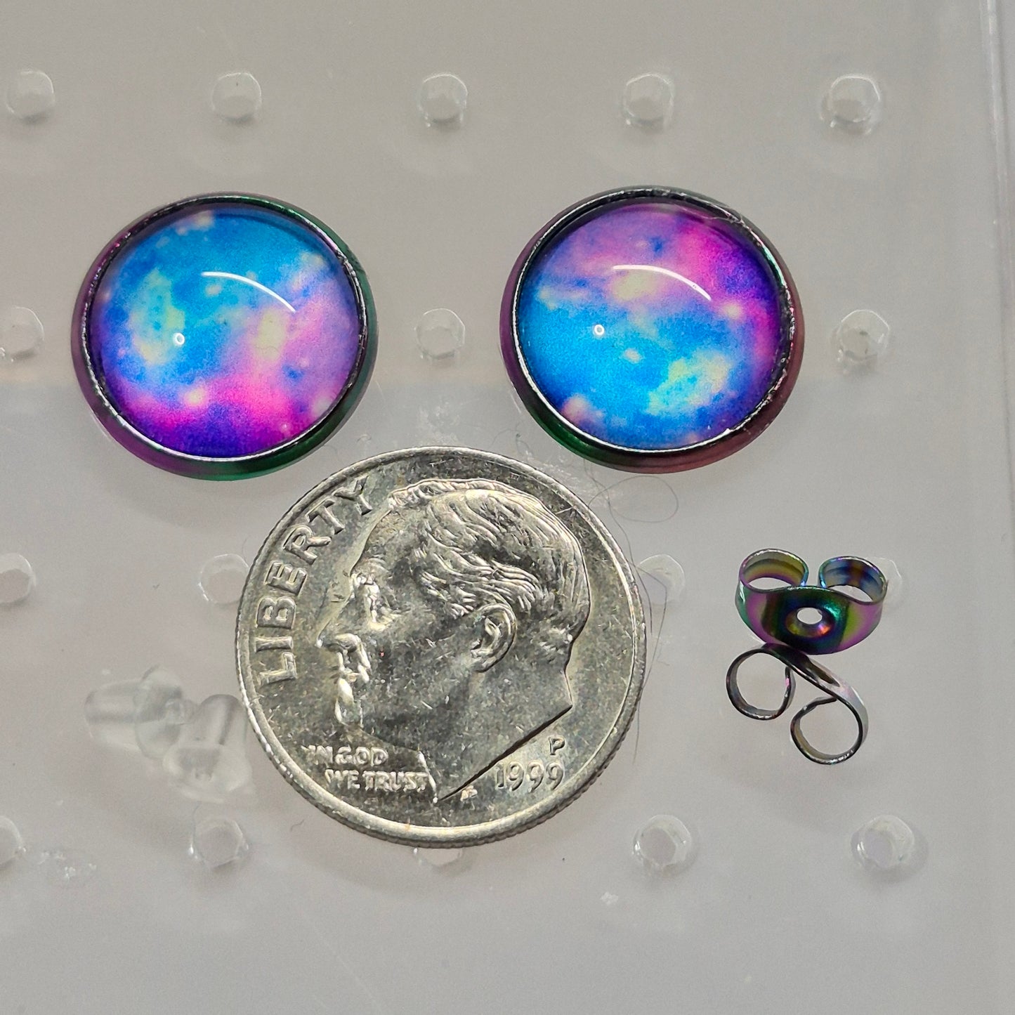 Blue Pink Galaxy Glass Cabochon Stud Earrings | 12mm Round Iridescent Bezel Cosmic Studs | Space Jewelry