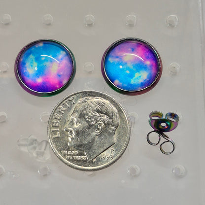 Blue Pink Galaxy Glass Cabochon Stud Earrings | 12mm Round Iridescent Bezel Cosmic Studs | Space Jewelry