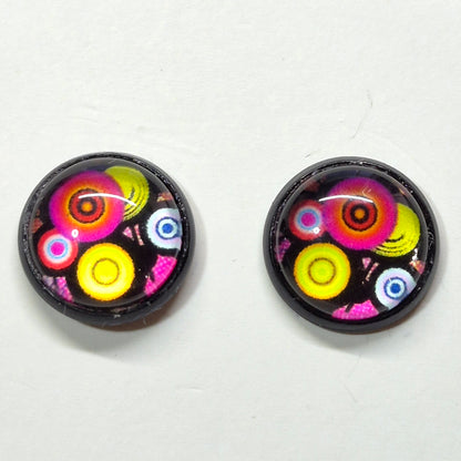Retro Pop Art Glass Cabochon Stud Earrings | 12mm Round Black Bezel Colorful Studs | Vintage Jewelry