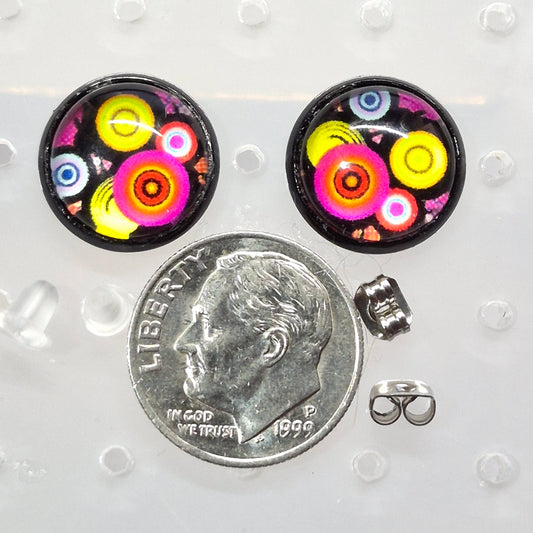 Retro Pop Art Glass Cabochon Stud Earrings | 12mm Round Black Bezel Colorful Studs | Vintage Jewelry