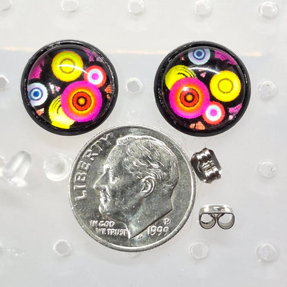 Retro Pop Art Glass Cabochon Stud Earrings | 12mm Round Black Bezel Colorful Studs | Vintage Jewelry