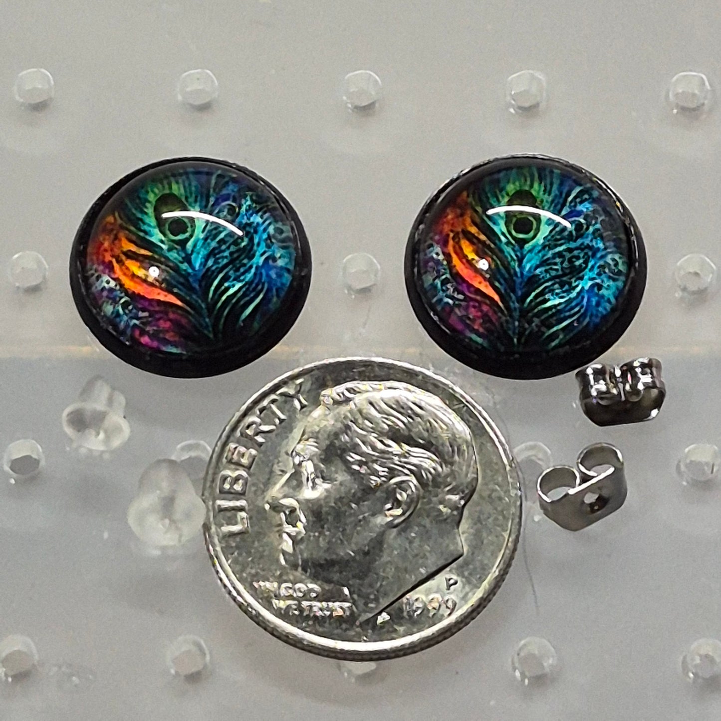 Peacock Feather Glass Cabochon Stud Earrings | 12mm Round Black Bezel Nature Studs | Boho Jewelry