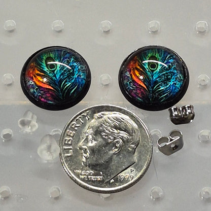 Peacock Feather Glass Cabochon Stud Earrings | 12mm Round Black Bezel Nature Studs | Boho Jewelry