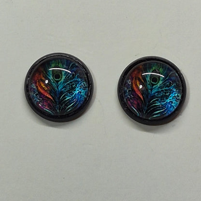Peacock Feather Glass Cabochon Stud Earrings | 12mm Round Black Bezel Nature Studs | Boho Jewelry