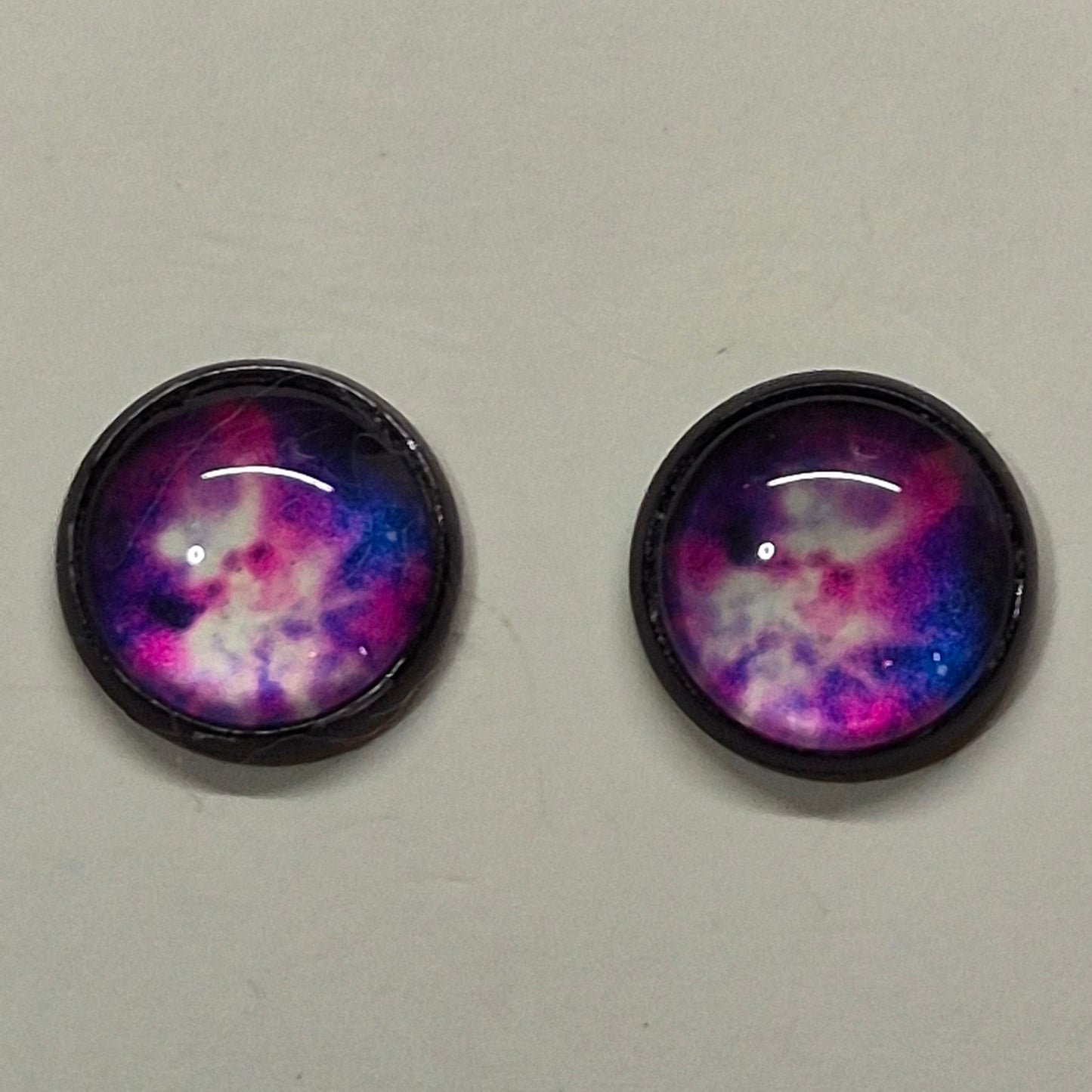 Purple Pink Nebula Glass Cabochon Stud Earrings | 12mm Round Black Bezel Cosmic Studs | Space Jewelry