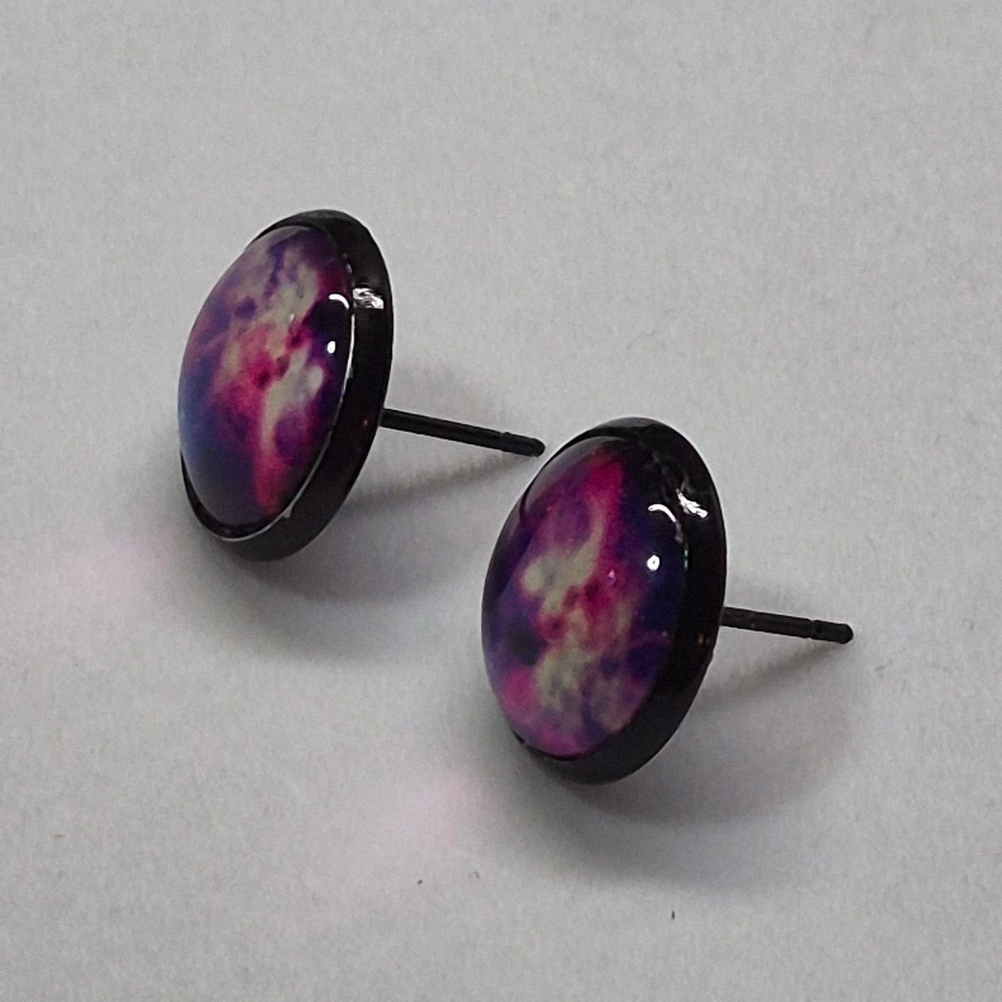 Purple Pink Nebula Glass Cabochon Stud Earrings | 12mm Round Black Bezel Cosmic Studs | Space Jewelry