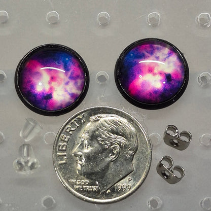 Purple Pink Nebula Glass Cabochon Stud Earrings | 12mm Round Black Bezel Cosmic Studs | Space Jewelry
