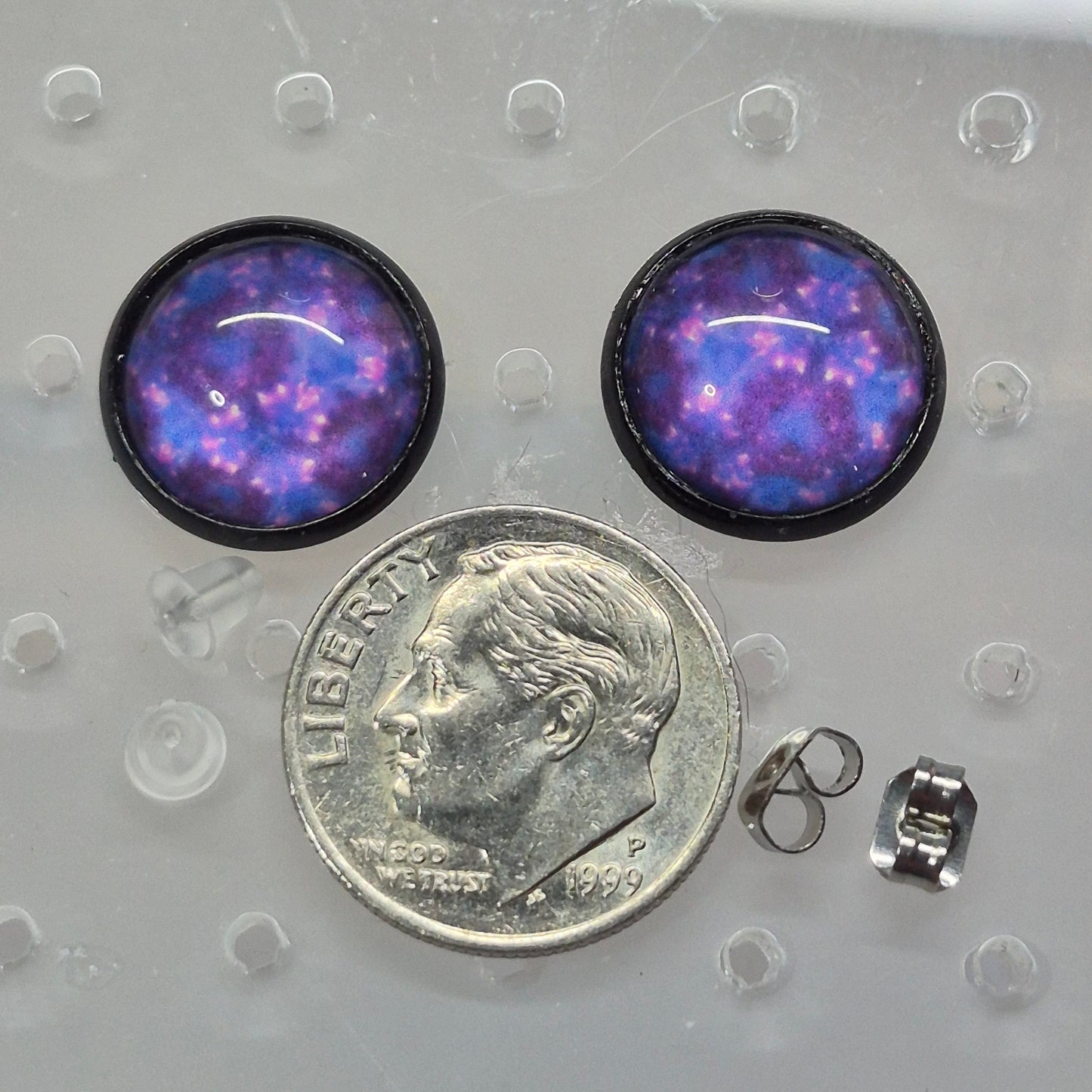 Purple Galaxy Glass Cabochon Stud Earrings | 12mm Round Black Bezel Cosmic Studs | Space Jewelry
