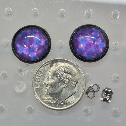 Purple Galaxy Glass Cabochon Stud Earrings | 12mm Round Black Bezel Cosmic Studs | Space Jewelry