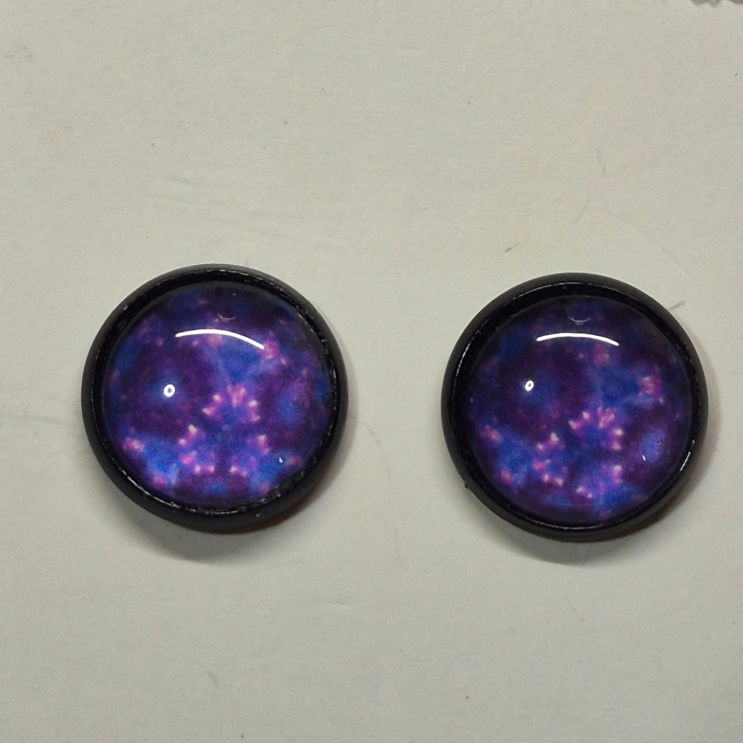 Purple Galaxy Glass Cabochon Stud Earrings | 12mm Round Black Bezel Cosmic Studs | Space Jewelry