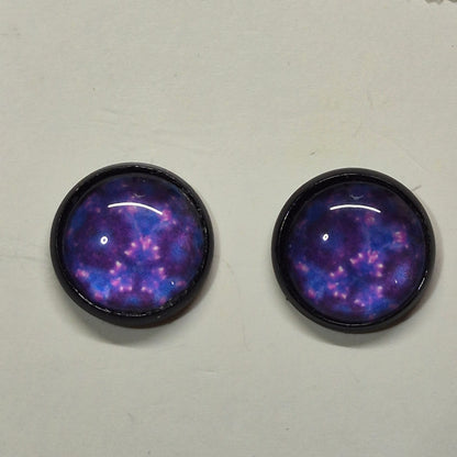 Purple Galaxy Glass Cabochon Stud Earrings | 12mm Round Black Bezel Cosmic Studs | Space Jewelry