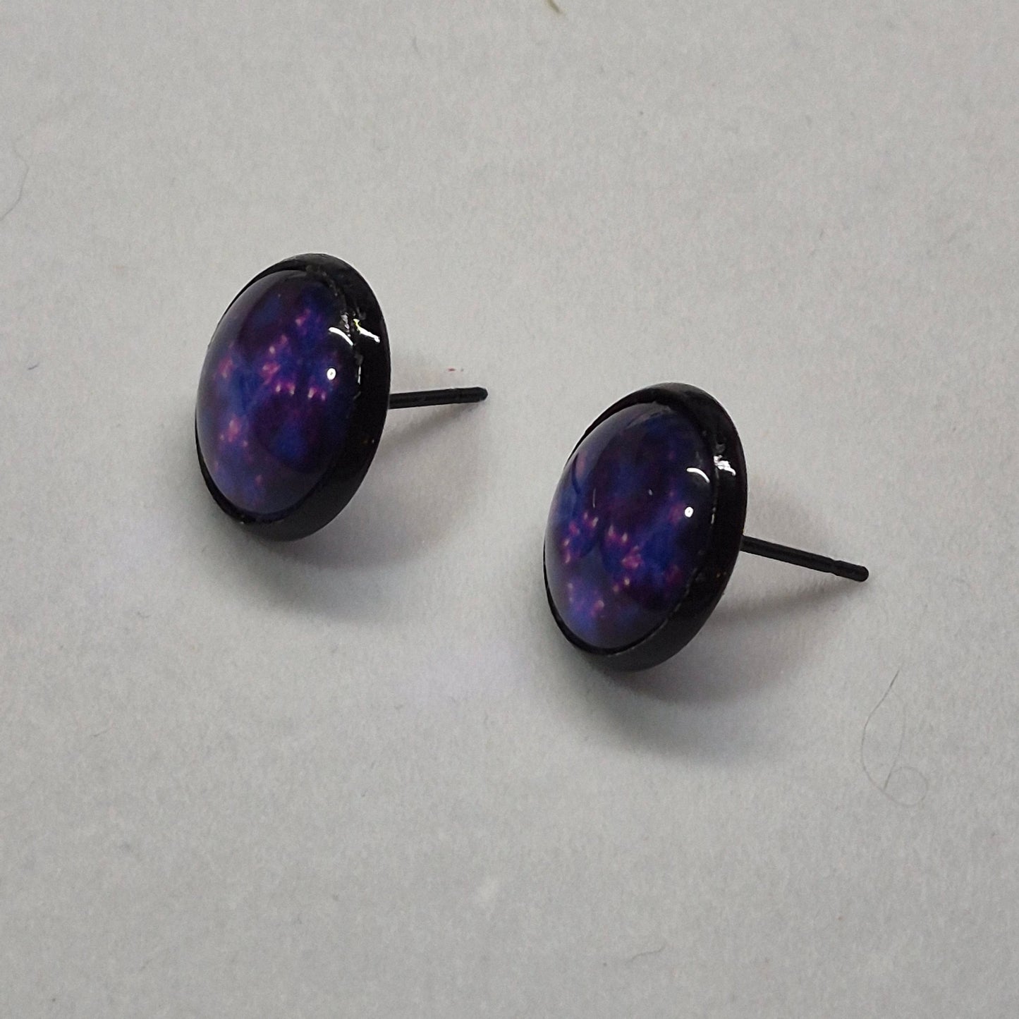 Purple Galaxy Glass Cabochon Stud Earrings | 12mm Round Black Bezel Cosmic Studs | Space Jewelry